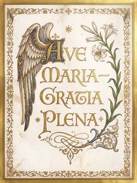 Vintage illuminated manuscript page with angel wing, lily and ornate border framing Ave Maria prayer text. Religious Christian artwork for devotional decor and sacred celebration
