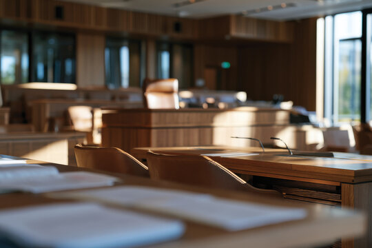 This image showcases a beautifully designed courtroom interior, bathing in natural light, highlighting the elegant furnishings and spacious layout of the judicial space.