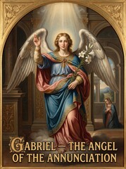 Naklejka premium Archangel Gabriel holding white lilies and announcing the Annunciation to Mary in an ornate sacred interior. Classical religious painting symbolizing faith, revelation, peace, and divine message.