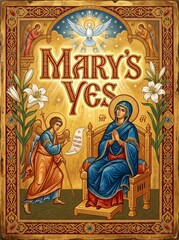 Fototapeta premium Orthodox Christian icon depicting the Annunciation, angel Gabriel greeting the Virgin Mary beneath the Holy Spirit dove, ornate sacred art for religious celebration and Easter greeting card