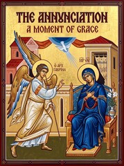 Naklejka premium Religious icon depicting the Annunciation with angel Gabriel visiting the Virgin Mary in an ornate Byzantine interior. Christian artwork symbolizing faith, grace, and divine message.