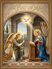 Fototapeta premium The Annunciation depicted as an ornate religious painting with angel Gabriel presenting lilies to the Virgin Mary beneath a radiant dove in a classical church interior