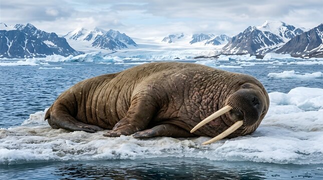 Massive adult walrus with long ivory tusks and thick wrinkled brown skin rests peacefully while sleeping on a floating ice floe during a cold day