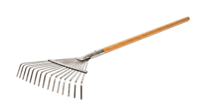 Classic garden rake with wooden handle on transparent background