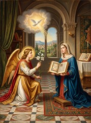 Naklejka premium Angel presenting white lily to a praying woman in church beneath a radiant dove. Biblical Annunciation scene symbolizing faith, purity, divine revelation, and Christian devotion.