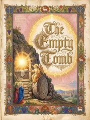 Naklejka premium The empty tomb with angel and women witnessing the resurrection of Jesus Christ. Illuminated medieval manuscript artwork for Easter devotion and Christian celebration.