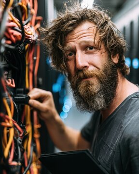 Bearded male technician focusing while working with server cables