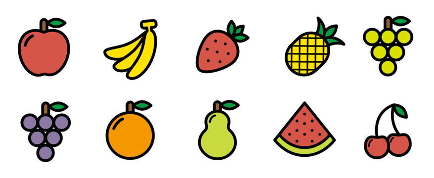 Fresh fruit vector icon set. 10 colorful pictograms for apple, banana, strawberry, grape, watermelon, food EC, and web UI.