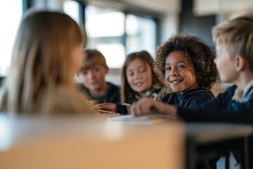 Fototapeta premium A group of smiling children engages joyfully in educational activities, showcasing friendship and collaboration in a bright classroom setting filled with natural light.