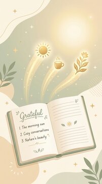 Open notebook showing gratitude list with glowing icons of sun and coffee. Mindful self discovery and positive daily routine. Perfect for wellness and mental health themes.