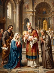 Naklejka premium Biblical presentation of infant Jesus by Mary and Joseph to an elderly priest in an ornate church. Religious ceremony, faith, devotion, and sacred Christian tradition.