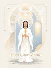 Naklejka premium Woman in white robe holding a candle beneath a dove in a sacred setting. Spiritual purification, divine light, prayer, faith, and religious devotion concept.