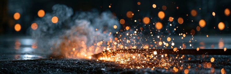 Naklejka premium Bright sparks and glowing embers scatter across a dark, gritty industrial surface with rising smoke