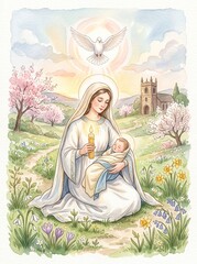 Naklejka premium Virgin Mary holding sleeping baby Jesus with a candle beneath a dove in a spring church landscape. Religious Christian illustration symbolizing motherhood, faith, peace, and hope.