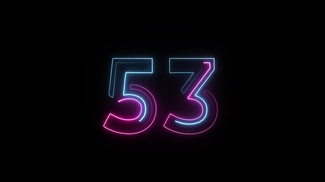 Number 53 in neon style, neon number with transparent background, fifty three