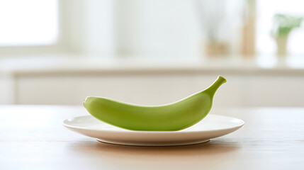 Obraz premium Fresh unripe green banana, Musa acuminata, resting on a clean white ceramic plate upon a wooden table inside a bright modern kitchen interior
