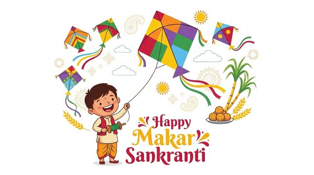 Cartoon Child Flying Colorful Kite for Makar Sankranti Festival