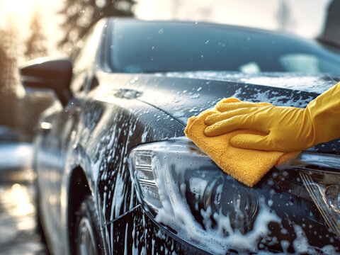Hand in yellow glove washing a black car with sponge and foam, cleaning the headlight and body surface outdoors in sunlight, water and soap bubbles visible.
