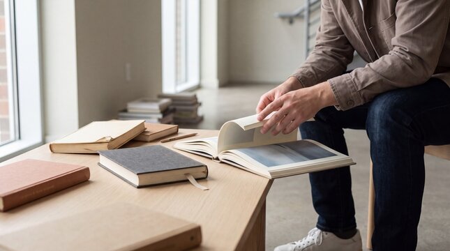 Person turning a book page while browsing a stack of books indoors