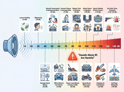 Decibel level chart showing common noise sources and hearing safety