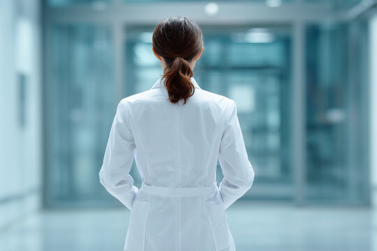 Female doctor standing with back to camera, hands not visible, wearing white coat, high-resolution professional photo, clean hospital background, modern medical concept.
