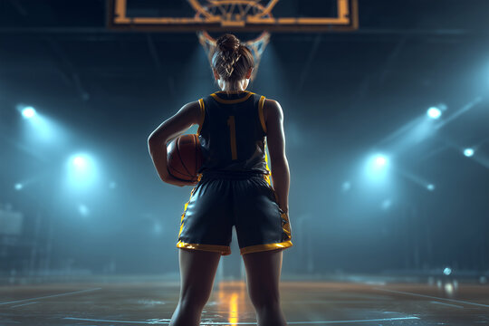 Female basketball player back to camera, preparing to shoot ball into hoop, high-resolution, realistic textures, dynamic sports scene on indoor basketball court, athletic concept.
