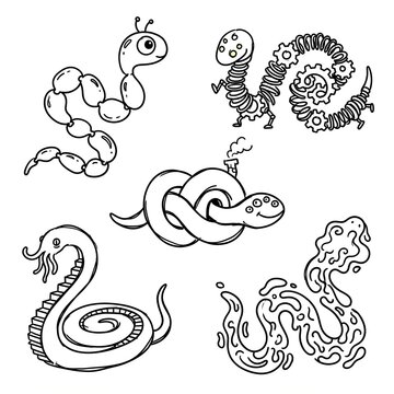 Surreal Fantasy Worms and Snake Monsters Doodle Set