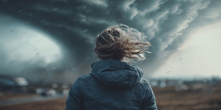 Female reporter back to camera facing a tornado, strong wind blowing, hair and clothes in motion, high-resolution dramatic storm scene, photorealistic, cinematic news concept.
