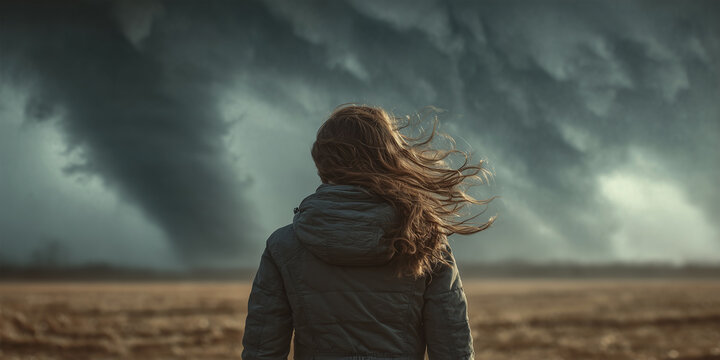 Female reporter back to camera facing a tornado, strong wind blowing, hair and clothes in motion, high-resolution dramatic storm scene, photorealistic, cinematic news concept.
