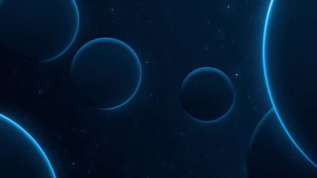 Blue glowing planets and spheres floating through starry dark space. Futuristic cosmos background animation.