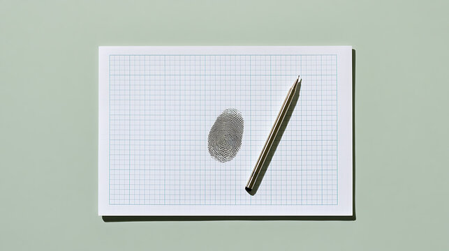 A detailed fingerprint imprint and a metal pen lie on a grid paper sheet over a green surface for forensic investigation and evidence