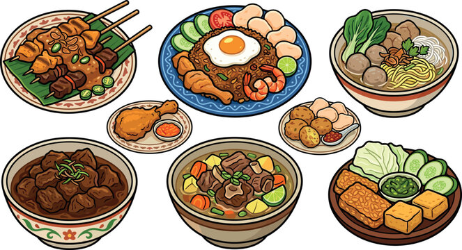 Traditional Indonesian Food Vector Illustration Set Featuring Satay, Nasi Goreng Fried Rice, Bakso Soup, Beef Rendang, Sop Buntut, Tempeh, and Fried Chicken