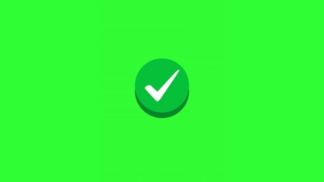 Animated green check mark confirmation icon on a green screen background, perfect for approval, success notifications, completed tasks, user interfaces, presentations, and chroma key motion graphics.
