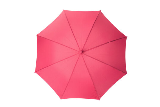 Overhead view of a vibrant pink open umbrella