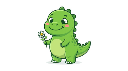 Fototapeta premium Green dinosaur character holding a daisy flower.