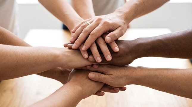 Diverse group of people stacking their hands together in unity and teamwork
