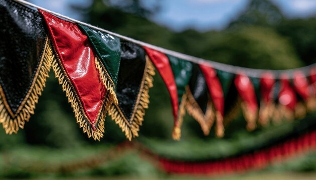 Colorful festive bunting flags with gold fringe hanging outdoors against a blurred green