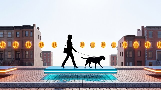Woman Walking Dog on Glowing Platform with Digital Coins