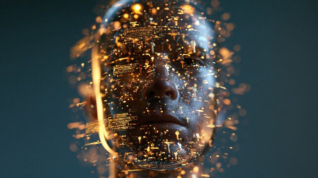 AI Artificial Intelligence Digital Human Face with Glowing Data