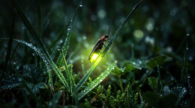 Bioluminescent Firefly Glowing on Dewy Grass at Night