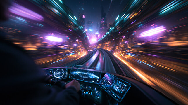 Futuristic High Speed Train Cockpit Speeding Through Cyberpunk City
