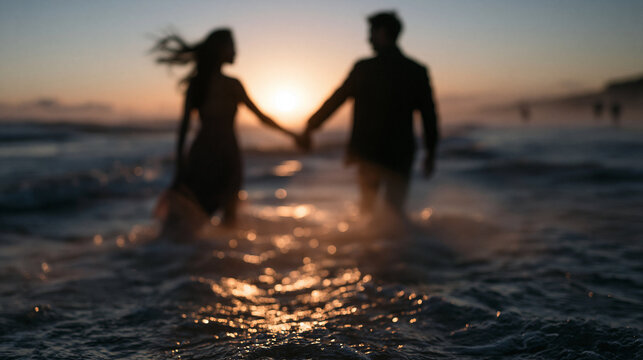 Couple Holding Hands Walking in Ocean at Sunset