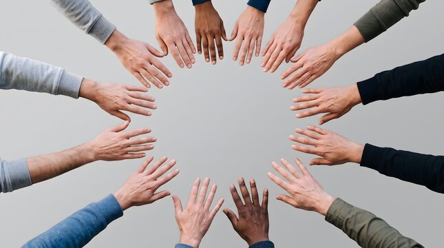 Diverse group of people placing their hands together in a circle forming a unity symbol.