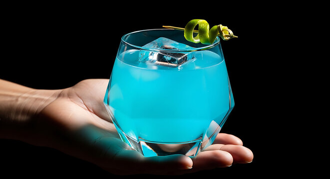Hand holding a glass of blue cocktail with lime garnish