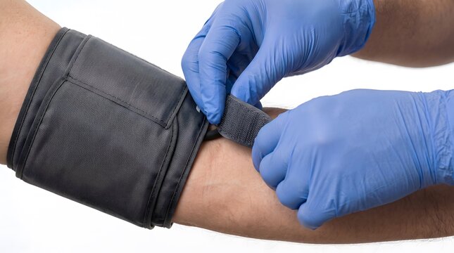 A medical professional in blue gloves secures a blood pressure cuff around a patient arm indoors.