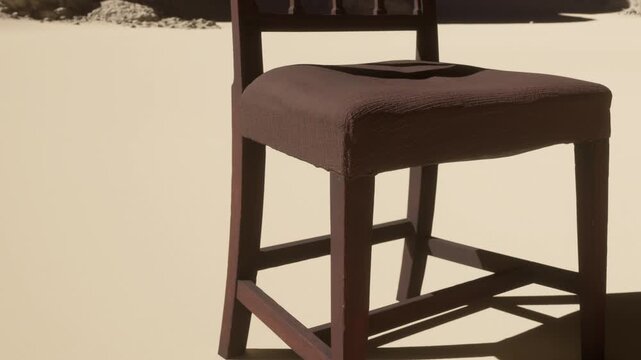 A brown chair sits alone on a sandy surface with no other objects nearby. The bright sun shows the chair clearly in the desert like environment. Shadows fall on the ground.