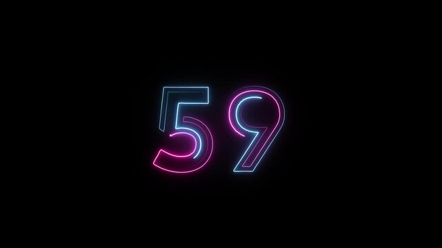 Number 59 in neon style, neon number with transparent background, fifty nine
