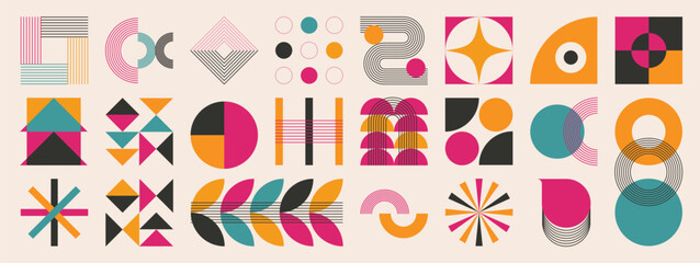 Naklejka premium Abstract geometric elements collection. Vector retro shapes, circles, arches, lines and colorful modular symbols in mid century inspired design for posters, branding and decoration.