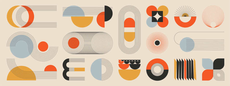 Abstract geometric elements collection. Vector retro shapes, circles, arches, lines and colorful modular symbols in mid century inspired design for posters, branding and decoration.