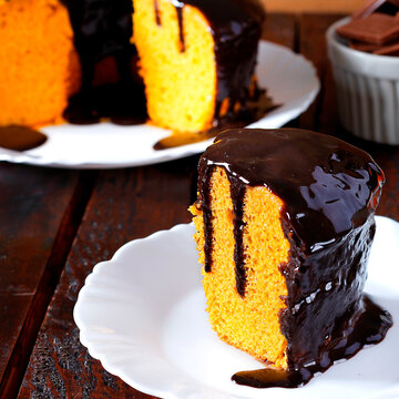 Slice of homemade Brazilian carrot cake with creamy chocolate frosting, served on a white plate.